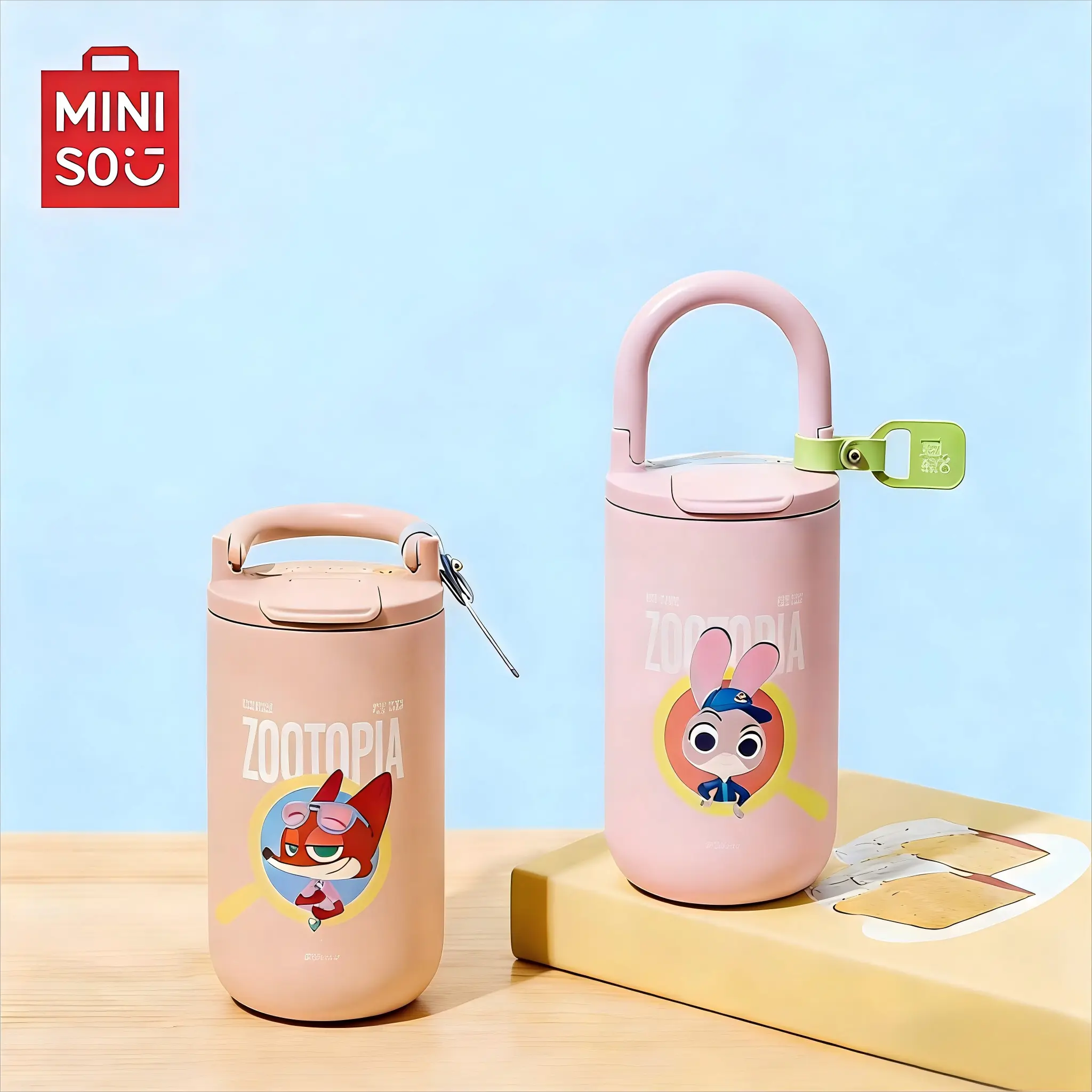 MINISO Disney Zootopia Animals Cylindrical Novelty 14oz (0-500 ml) 304 Stainless Steel Vacuum Flask - Sturdy Insulation Tumbler, Handle, 2-Way Drinking, Portable Heat/Cold Retention, Holiday Gift (1pc)