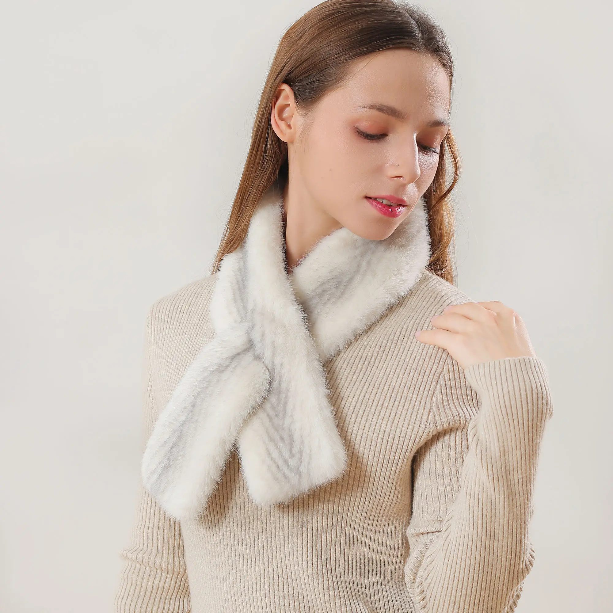 Faux Fur Knitted Scarf - 95cm x 8cm Luxurious Feel Fashion Accessory, Minimalistic Design Elegant Neckwear for Stylish Outfits, Faux Fur Material