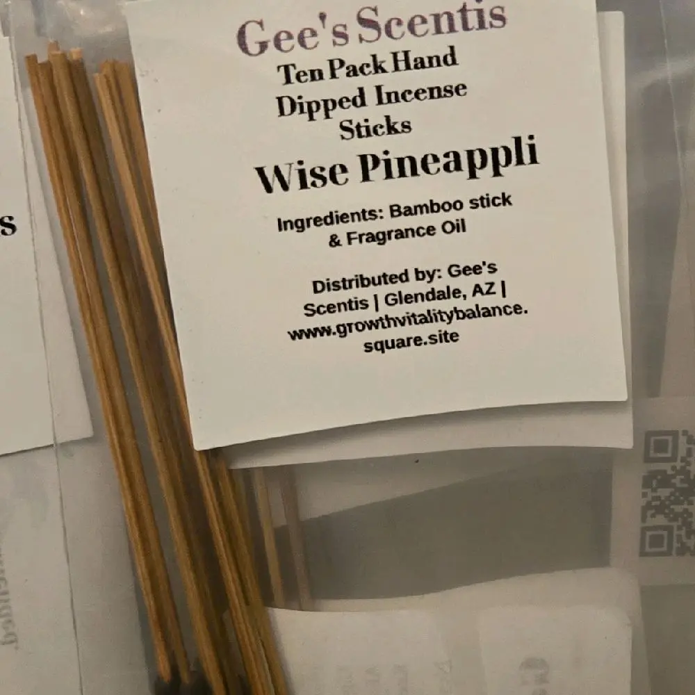 Gee's Scentis Wise Pineappli 10-Pack 11-Inch Incense Sticks Long Lasting 55 Min Burn Time Pineapple Sage Scent