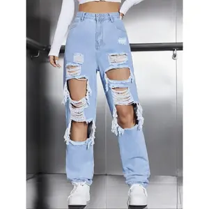 Women’s high-waisted ripped jeans — fashionable casual straight-leg denim pants with a distressed look and destroyed holes; women’s bottoms for daily wear and streetwear
