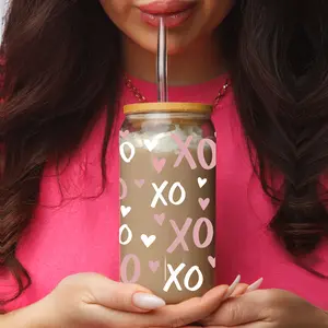 XOXO Coffee Cups | Light Pink and White Valentines Day Coffee Bar Decor | Cute Vday Glass Cups 20oz | Glass Tumblers with Lid and Straw Bamboo Drinkware