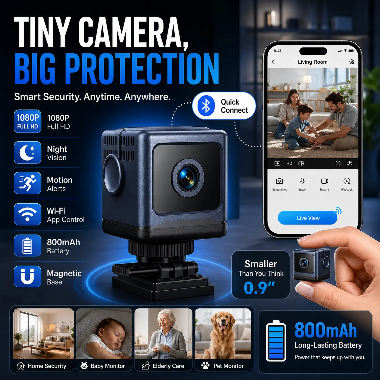 Mini Security Nanny Camera - 1080P HD Night Vision, Wi-Fi/Bluetooth Quick Connect, Built-in Battery, Magnetic Mount, Motion Detection, Baby Cry Alert, Loop Recording, Tabletop, Home Cameras for Inside House Wireless Tiny Indoor Monitoring