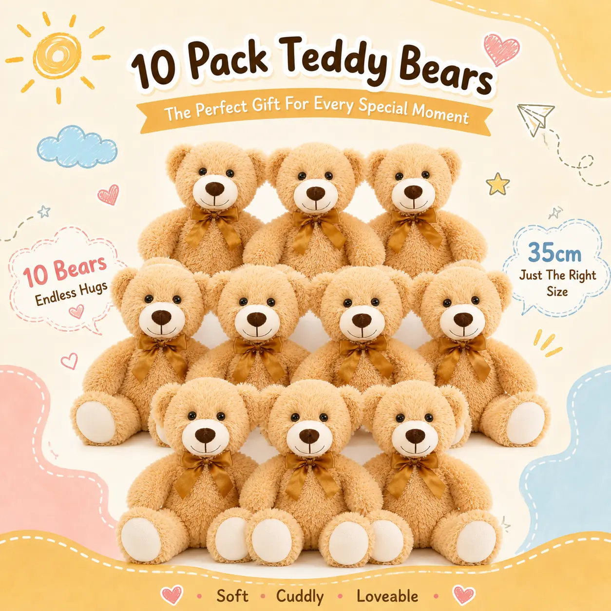 [10-Pack] Tezituor 13.8" Light Brown Stuffed Teddy Bears Bulk - Baby Shower & Birthday Party Decorations, christmas gift valentine