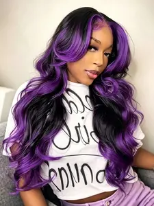 Black Purple Highlight Wig 13x4 Lace Front Wig Body Wave Synthetic Wig Skunk Stripe Highlight HD Transparent Lace Frontal Wig Free Parting Pre-Plucked Natural Hairline Heat-Resistant Fiber for Women Daily Wear Music Festival 28 Inches