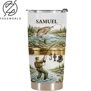 Personalized Fishing Lover Tumbler, 2D Printed 3D Effect Scenic Nature Insulated Cup with Fisherman Graphics, Custom Name Angler Tumbler for Dad Husband Grandpa or Fishing Enthusiasts, Perfect Birthday Father’s Day Retirement Gift