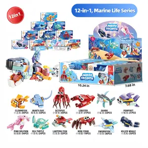 12 in 1 Ocean Animal DIY Building Blocks Set Mini Shark Toy Doll Assembly Blocks Combine into Large Shark Color Box STEM Building Toy