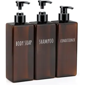 16.9oz Lotion Dispenser 3pcs Refillable Square Shampoo Bottles with Pump 500ml Empty Plastic Bathroom Shower Bottles Liquid Soap Container Body Wash Dispenser for Home Hotel Travel Amber