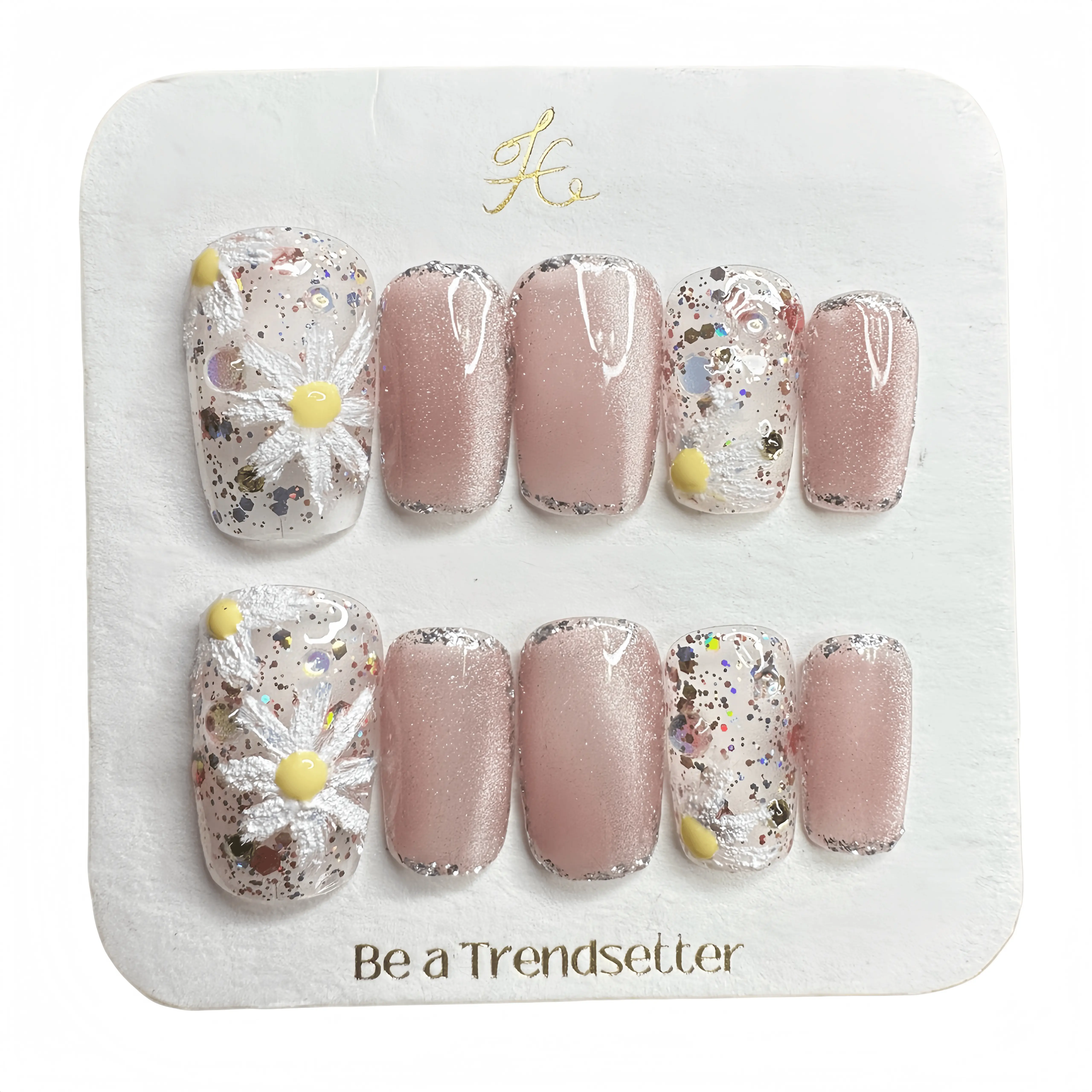 Y48 Hand-Worn Pressed Nails - Removable, Hand-Painted Cat Eye Flower Nail Art Design, Gentle Sweet Temperament, Multicolor, Novelty, Unisex