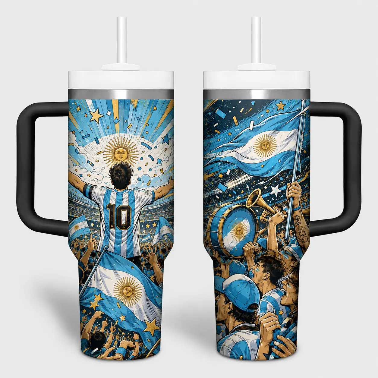 Argentina Light Blue and White Soccer Fan 40oz Tumbler, Football Stadium Champion Travel Cup with Black Handle, Sports Enthusiast Drinkware