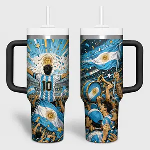 Argentina Light Blue and White Soccer Fan 40oz Tumbler, Football Stadium Champion Travel Cup with Black Handle, Sports Enthusiast Drinkware
