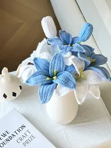 Loop & Bloom Handmade Knitted Cotton Crochet Flower Bouquet - Mother's Day Gifts, Graduation Gifts, Bouquet with Lily, Tulip, Blue, Preserved Decorative Flowers for Mom, Home Decor Plants