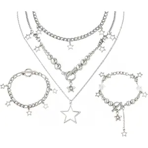 3 Pcs Silver Star Necklace Bracelet Star Shaped Pendant Necklace Set Round Bead Metal Chain Accessory Jewelry Set Fashion Accessories