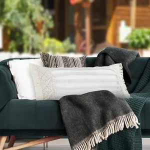 Macrame Throw Pillow – White, Soft Polyester – Boho Outdoor Décor (14" x 36", 24" x 24")