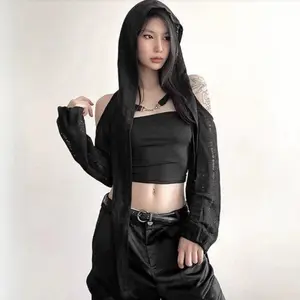 Edgy Chic – Distressed Asymmetrical Hooded Shrug with Cold-Shoulder Detail