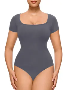 Women's Square Neck Short Sleeve Jumpsuit, No Padding, Versatile Outerwear, Easy On/off Buckle Design, All Seasons, Shapewear