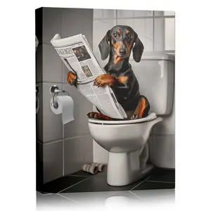 Funny Dachshund on Toilet Reading Newspaper Canvas Wall Art, Cute Dog Bathroom Decor, Humorous Pet Print for Washroom, Whimsical Animal Poster, Unique Toilet Room Decoration Gift for Dog Lovers