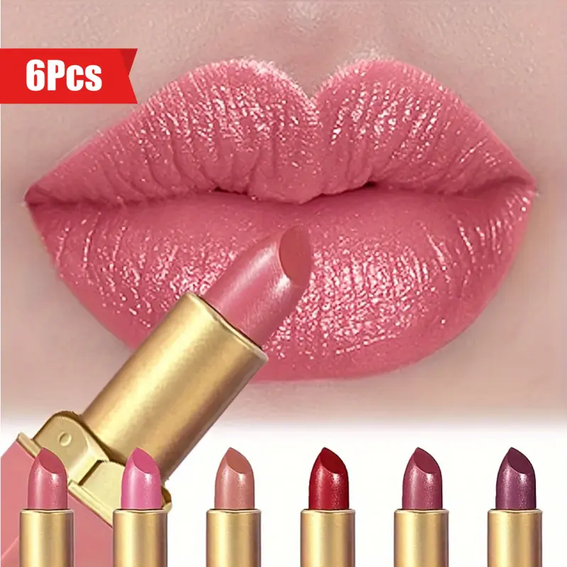 set of 6pcs Mermaid Sparkle Velvet Cosmetic Sparkly Lipstick - Metallic Finish, Glossy Balm Finish, Luxurious Long Lasting Shine & Glitter, Perfect Gift for Women - Makeup, Available in Orange, Pink, Purple, Red