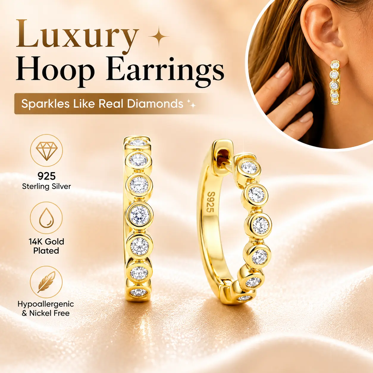 Sparkling Classic CZ Huggie Hoop Earrings for Women, 925 Sterling Silver 14K Gold Plated Small Dainty Hoops, Hypoallergenic Minimalist Everyday Jewelry, Perfect Birthday Anniversary Gift for Her