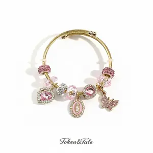 Pink Heart Butterfly Virgin Mary Bracelet - Elegant Design with Butterfly Motif & Heart Accents, Perfect for Birthdays, Bangle for Women