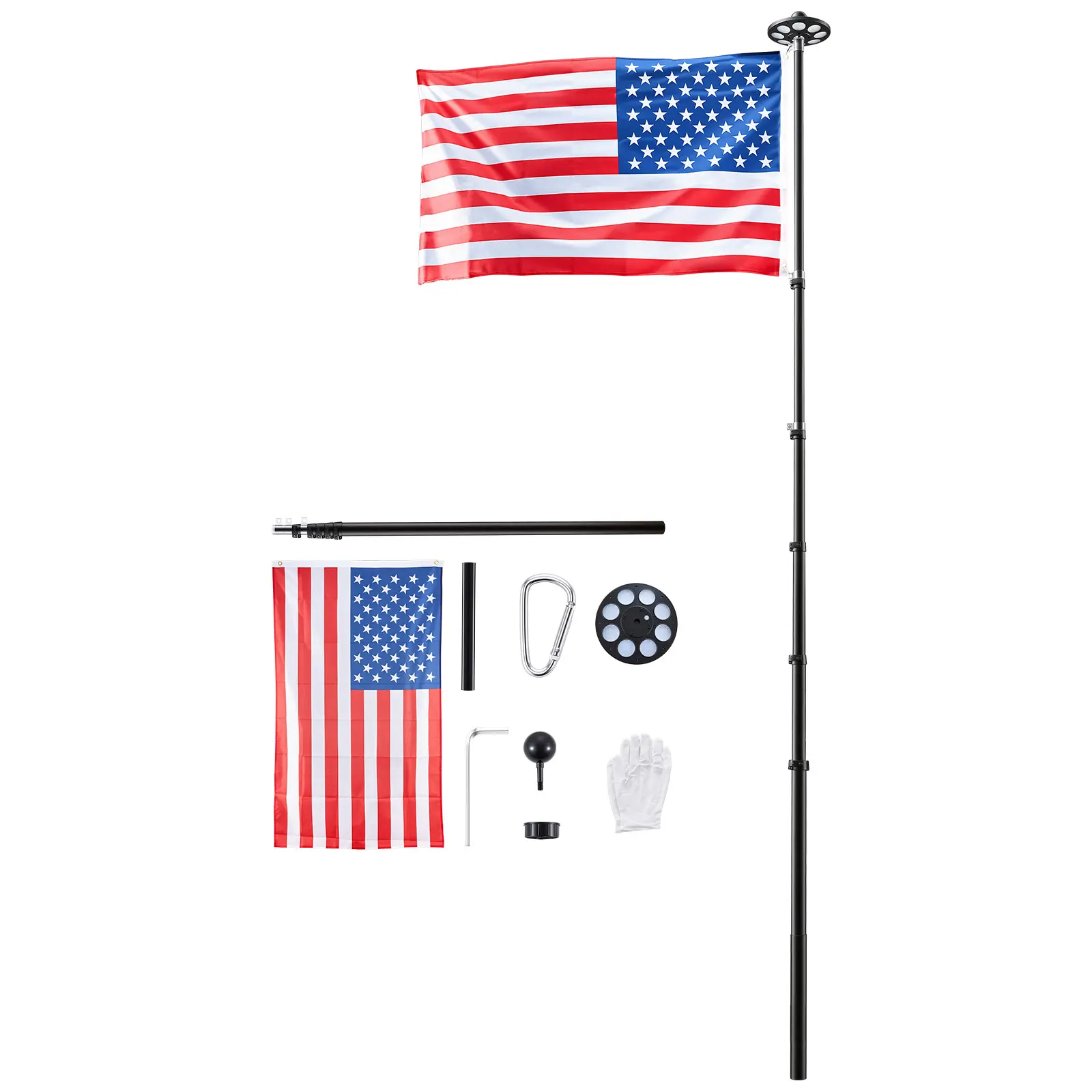 Flag Pole, 20ft Heavy Duty Telescopic Flagpole Kit with 136 LED Solar Light for Outside House In Ground, Outdoor Aluminum Flagpole with 3x5 American Flag for Yard, Residential, Commercial, Black