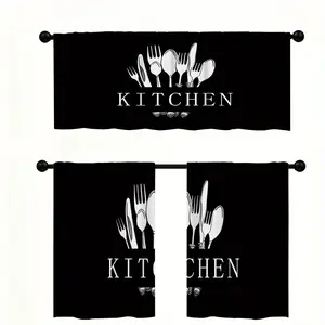 SoftHaven Home 3-Piece All Black USA-Made Kitchen Curtain Set - Minimalist Graffiti Print Polyester Rod Pocket Valance, 2 Tiers, Ideal for Kitchen Decor, All Black Curtains