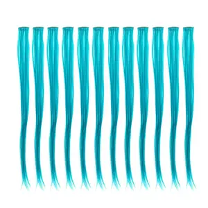 12 count Straight One Color Party Highlights Clip on in Hair Extensions Colored Hair Streak Synthetic Hairpieces (Teal Blue)