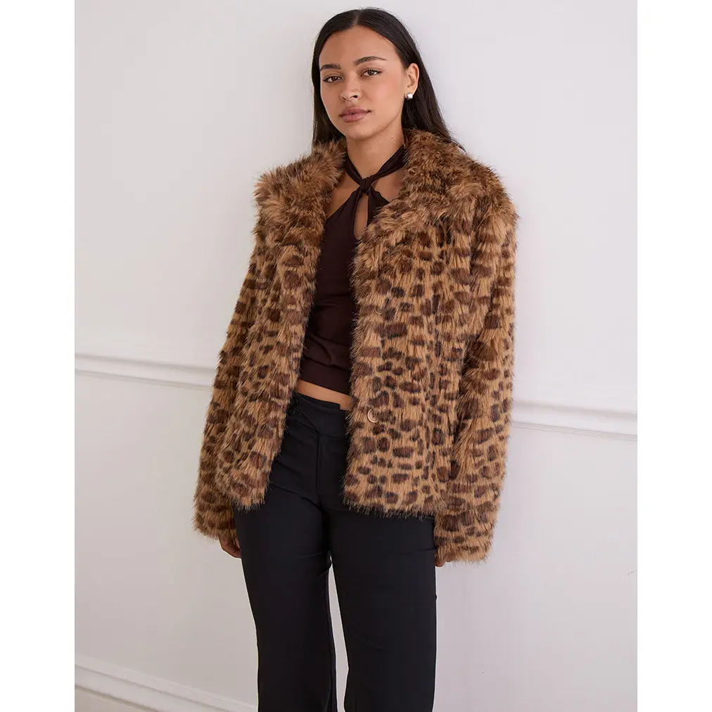 Joji Crop Faux Fur Jacket in Brown Leopard