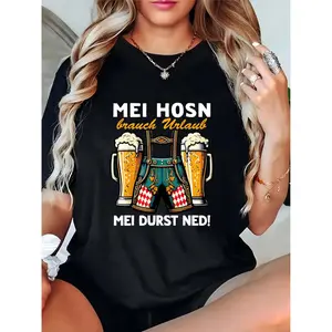 Women's Oktoberfest Beer Mugs & Lederhosen Graphic T - Shirt, Funny German Slogan Casual Party Tee for Beer Enthusiasts & Festival Goers 100% Cotton T-shirt