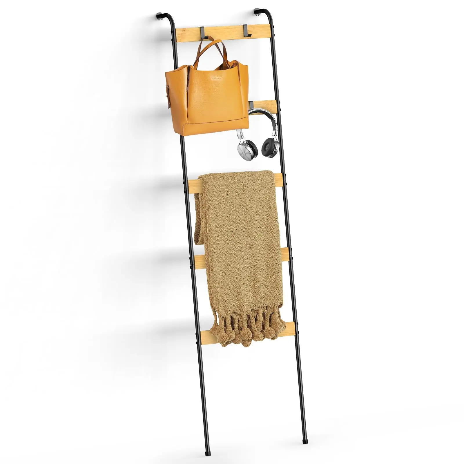 Black Bamboo Blanket Ladder - 5-Tier Bathroom Towel Rack with 10 Removable Hooks, Retro Wall-Leaning Storage Shelves for Living Room Scarves, Easy Installation Home Decor Gadget