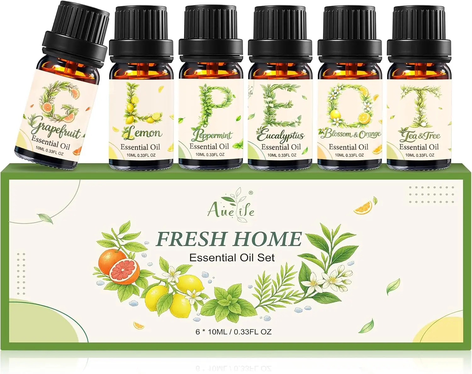 Auelife 6-Pack Essential Oils Set for Diffusers, Home Fragrance, Candle Making & Soap Making - Aromatherapy Gift with Grapefruit, Lemon, Peppermint, Eucalyptus, Blossom, Orange & Tea Tree Fresh Scents, Floral
