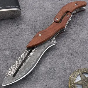 Pocket Knife souvenir Yellow Sandalwood Handle Mechanical Lock, Damascus Steel Folding Knife (Curved Blade,Suguha)