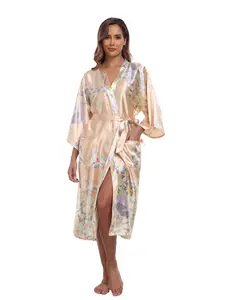 Women's Floral Long Bathrobe, Fashionable Home Sleepwear, Elegant Loose-Fitting Pajamas, All over Print, Casual Style, Loungewear, Chic, Womenswear