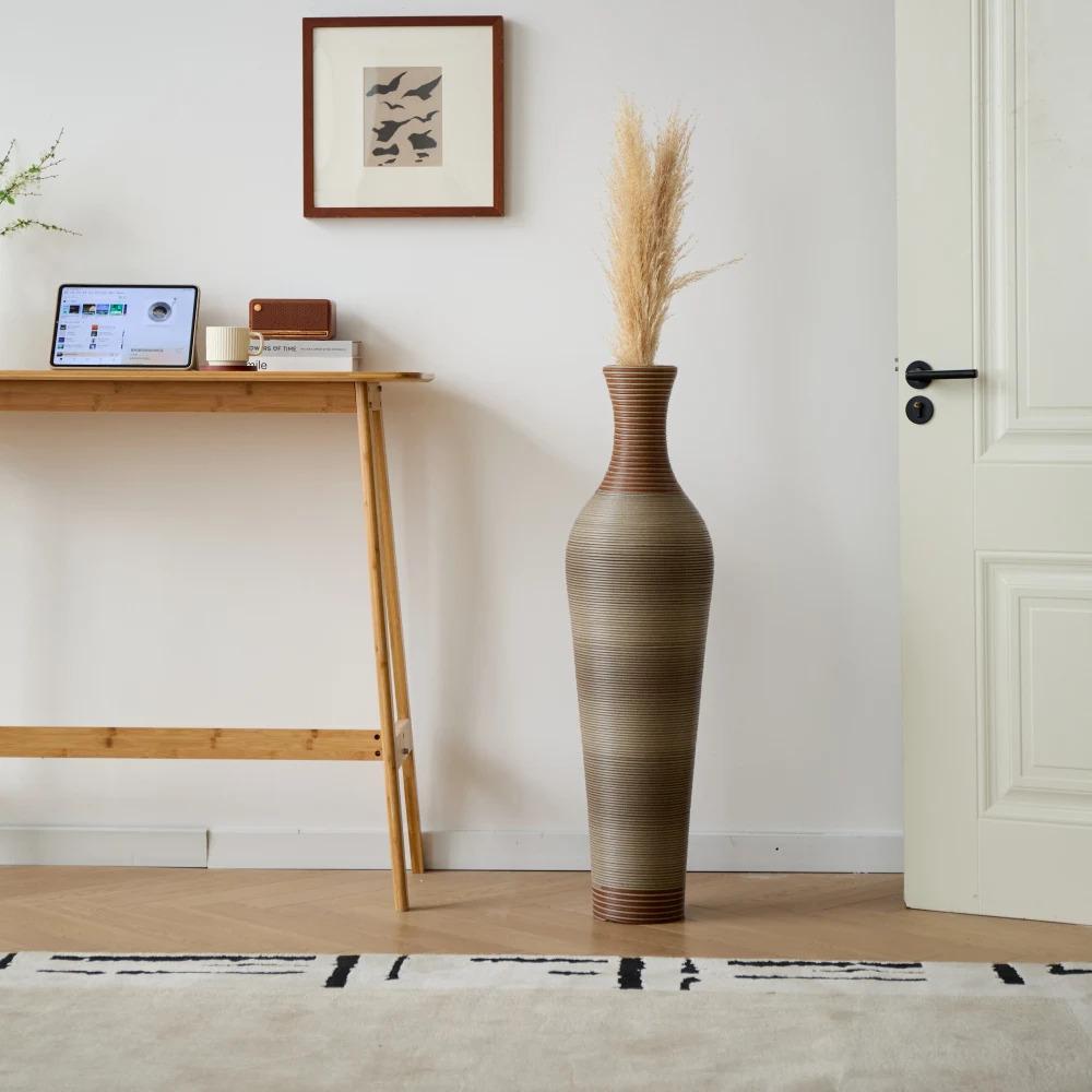 39.3 Inch Tall Hand-Woven PVC Rattan Floor Vase Brown Two-Tone Farmhouse Decorative Vase for Outdoor Living Room Decor