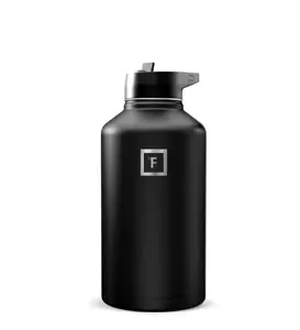 IRON °FLASK Camping & Hiking Hydration Flask with Straw, Wide Mouth Insulated Stainless Steel Sports Water Bottle - Midnight Black 64 oz - Straw (1 Lid)