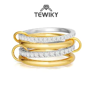 Tewiky Gold  Interlocked Stackable Rings for Women - Statement Multi Ring Mixed Metals Stack - Cubic Zirconia Two-Toned Stacking Jewelry