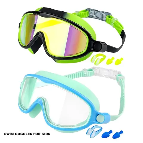 Children's 2-Pack (Blue+Pink) Outdoor Swimming Goggles Set, Anti-Fog Wide View, Leakproof Sealed Silicone Frame, UV Protective, Anti-Fouling, with Earplugs for Water Sports