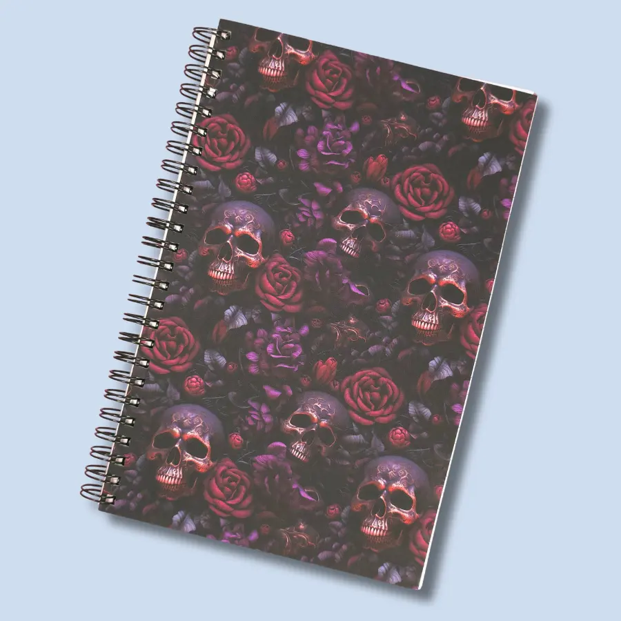 Red & Purple Floral Notebook with Rose Gold Skulls – Lined Soft Cover | 5.5" x 8.5" | 80 Sheets | Metal O-Ring Bound