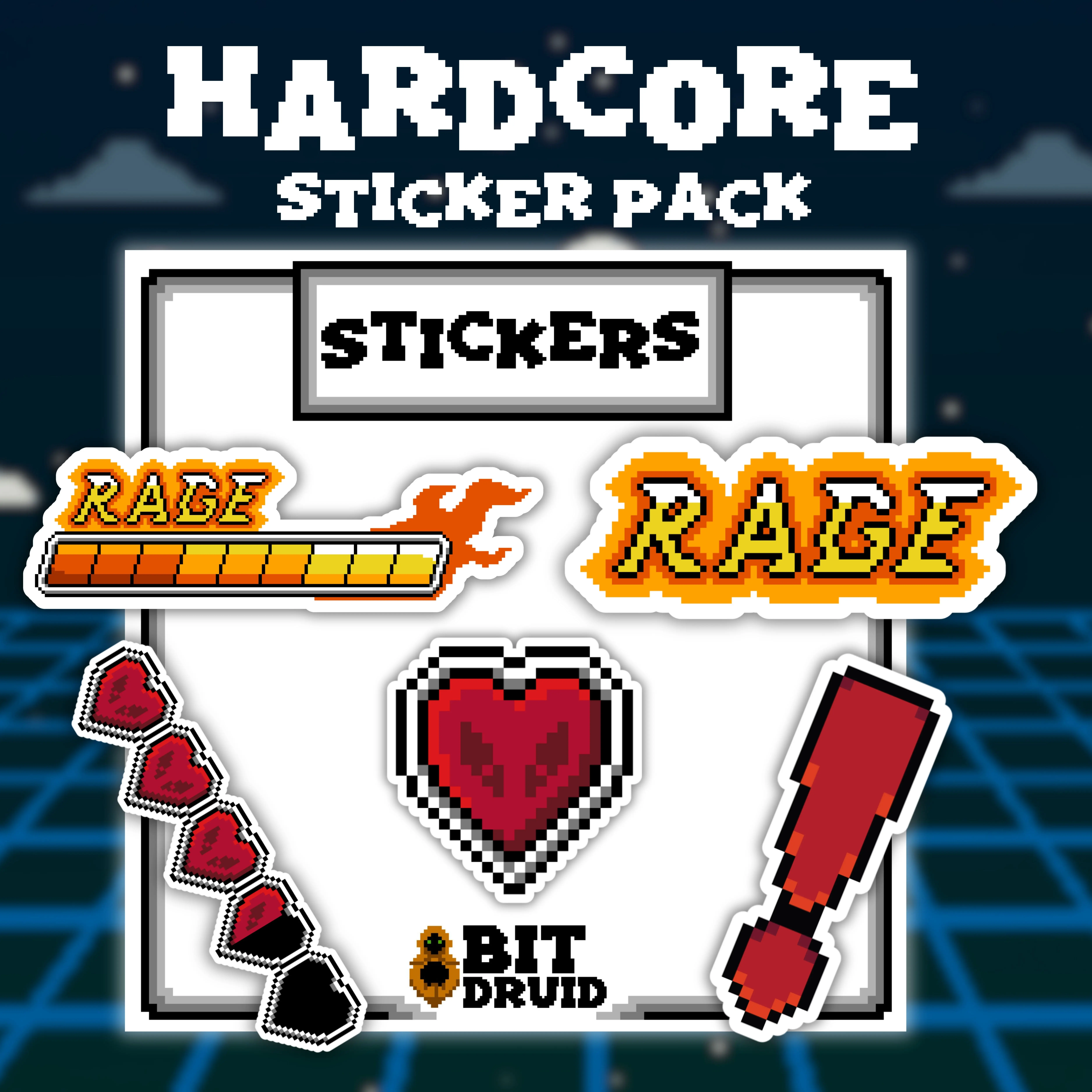 Hardcore Mode Pixel Art RPG Themed Sticker Pack | 5 Gamer Stickers | 8-Bit Retro Gaming & RPG Accessories | Hardcore Heart Meter & Rage Meter Stickers, D&D Character Sheet Stickers | Funny Nostalgia Stickers for Gamers, D&D, Nerds