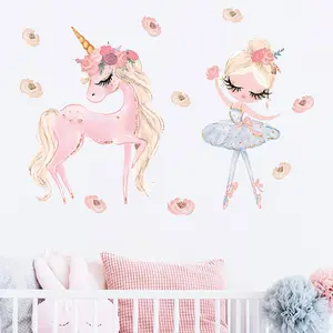 Ballet Girl with Unicorn Wall Decals, 1 Sheet Peel and Stick Removable Wall Decors, Wall Decorative Stickers for Living Room, BedRoom, Girls' Room, Nursery, Baby Room, Playroom