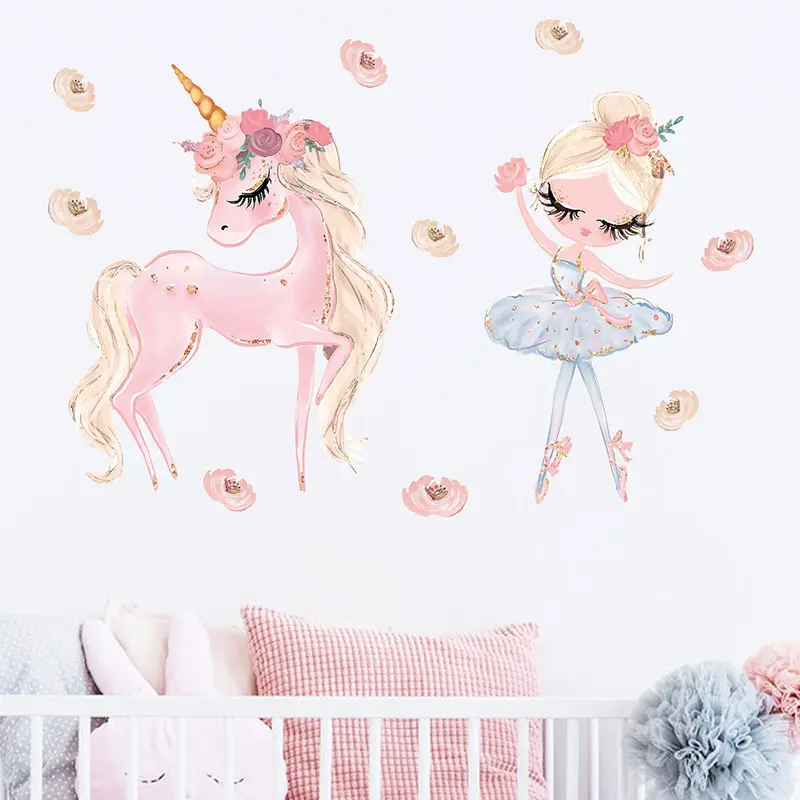 Ballet Girl with Unicorn Wall Decals, 1 Sheet Peel and Stick Removable Wall Decors, Wall Decorative Stickers for Living Room, BedRoom, Girls' Room, Nursery, Baby Room, Playroom