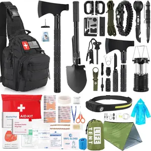 Survival Kit, 268 Pcs Emergency Survival Gear and Equipment Supplies with First Aid Kit, Camping Axe, Headlamp, Crossbody Bag for Camping Hiking, Hunting, Gift for Christmas Men, Dads, Black