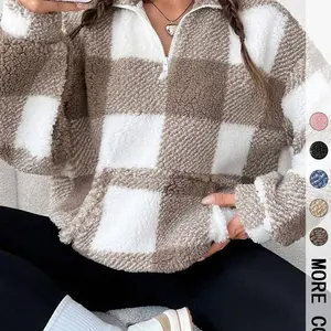 Women's Plaid Print Half Zip Drop Shoulder?Fleece?Sweatshirt, Casual Long Sleeve Stand Collar Pullover for Spring & Fall, Ladies Clothes for Daily Wear Womenswear Elegant