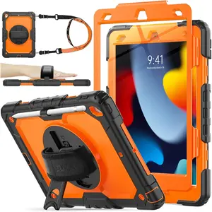 Case for iPad 9th/ 8th/ 7th Generation 10.2'', Shockproof with Screen Protector, Pencil Holder [360? Rotating Hand Strap] & Stand, for iPad 10.2 inch 2021-2019 (Brightorange)