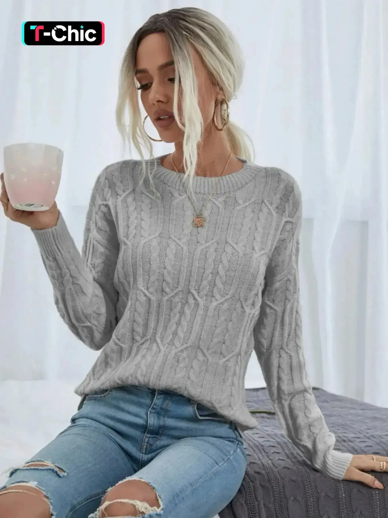 Women's Solid Basic Cable Knit Crew Neck Sweater, Casual Drop Shoulder Long Sleeve Jumper for Daily Wear, Ladies Knitwear for Fall & Winter Tops