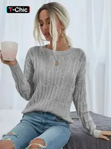 Women's Solid Cable Knit Crew Neck Sweater, Casual Drop Shoulder Long Sleeve Jumper for Daily Wear, Ladies Knitwear for Fall & Winter