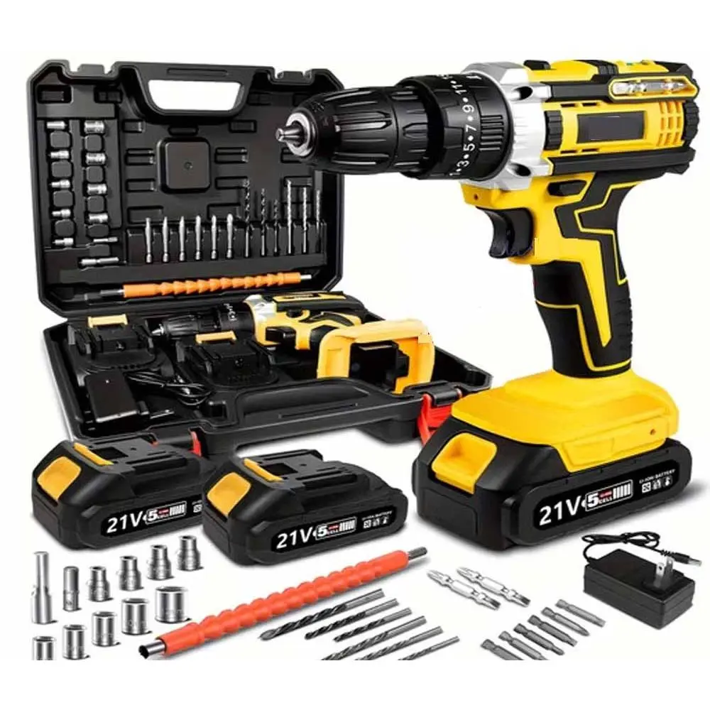 21V High Torque Cordless Impact Drill Kit, Brushless Motor 25+1 Clutch 2-Speed 1500RPM, Lightweight Handheld Power Drill with Full Tool Accessories Storage Box for Wood Metal Plastic Drilling