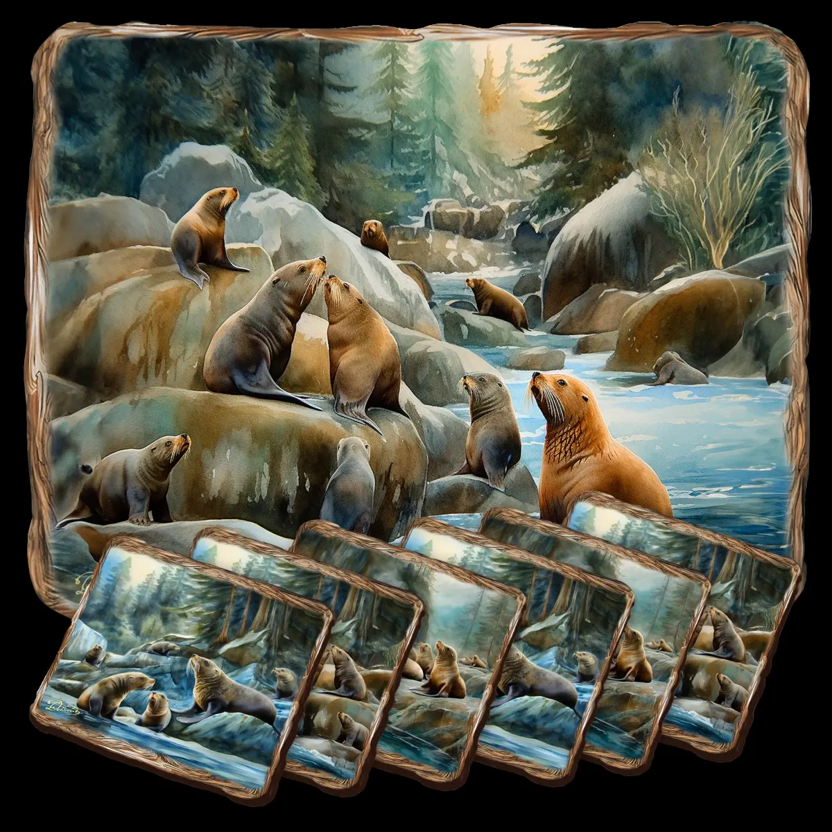G. Debrekht 85413C-S7 Sea Lion Cave Wooden Cork Placemat and Coasters Gift Set of 7 by Nature Wonders