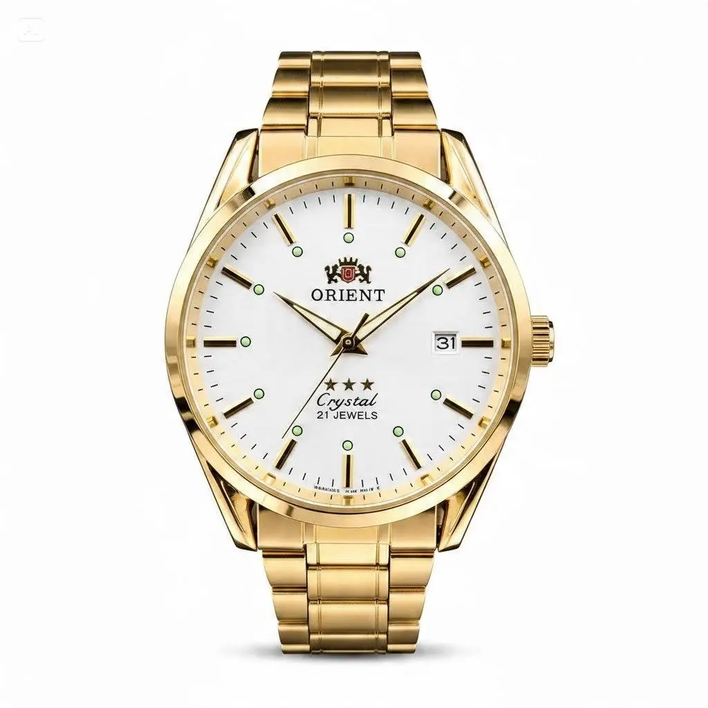 Orient 3 Star Crystal Men’s Automatic Watch, 21 Jewels Japanese Mechanical Movement, Luminous Markers, Date Display, Gold-Tone Stainless Steel Bracelet, Multi-Color Dial Options, Classic Business Dress Wristwatch, Gift For Watch Collectors Daily Formal