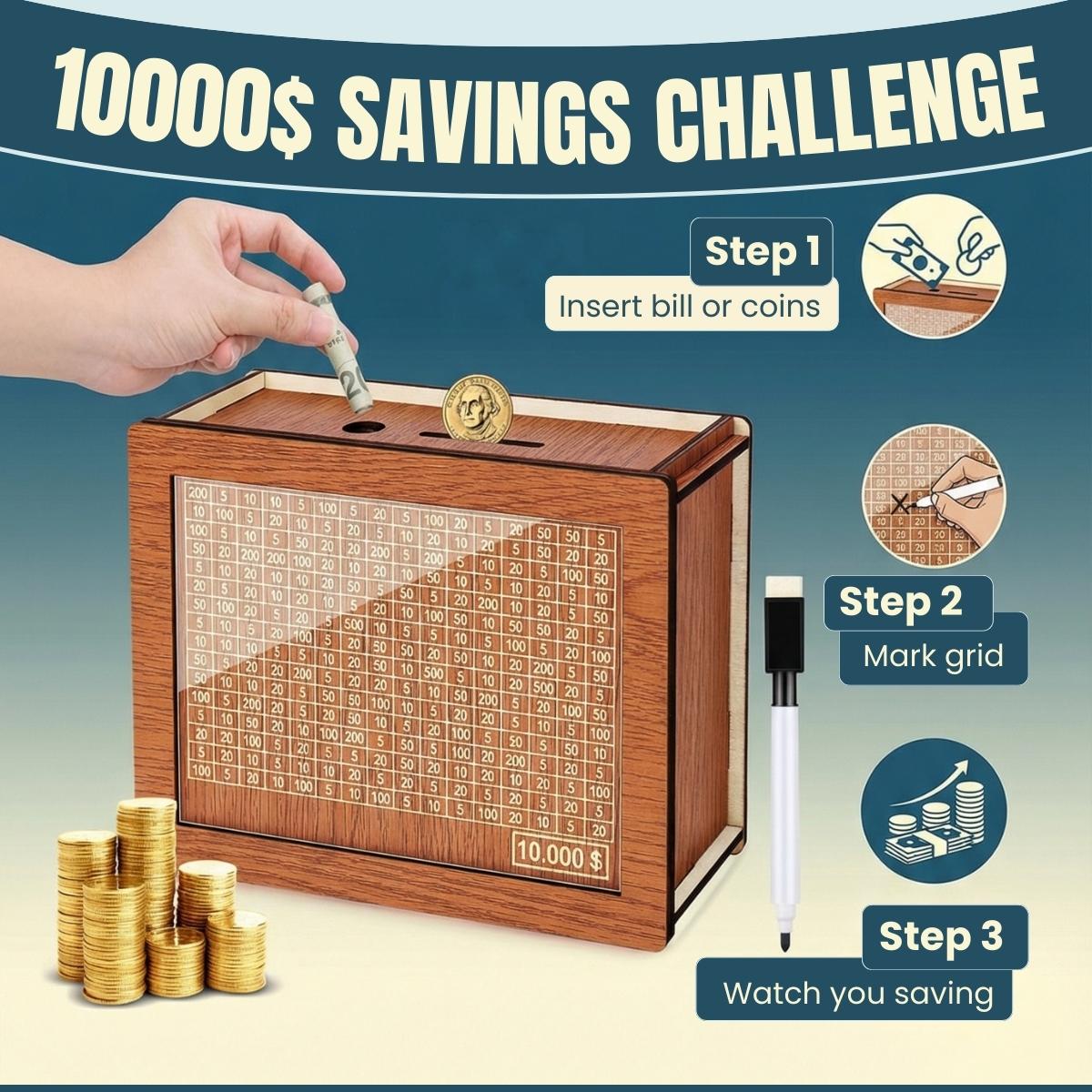Wooden Cash Money Saving Box for Kids & Adults - Reusable $10,000 Savings Challenge Box with Progress Tracker & Cash Vault, Educational Piggy Bank Gift for Boys Girls