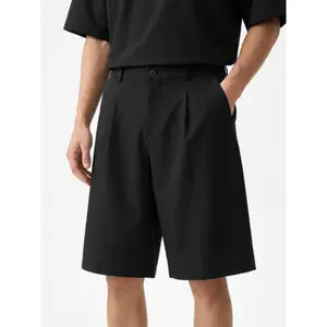 Viral Men's Black Pleated Suit Shorts, Loose Knee Length Business Casual Dress Shorts, Stylish Lightweight Summer Daily Office Outdoor Fashion Bottoms workout quick dry tech training short Drape Classic
